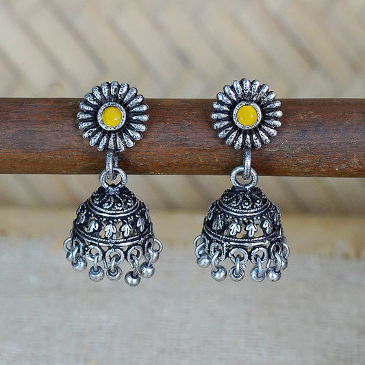 Yellow Stone Studded Tiny Earrings With Hanging Jhumki