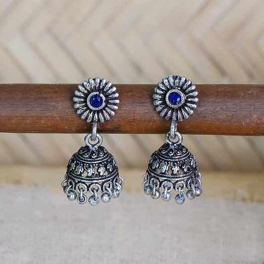 Blue Stone Studded Tiny Earrings With Hanging Jhumki