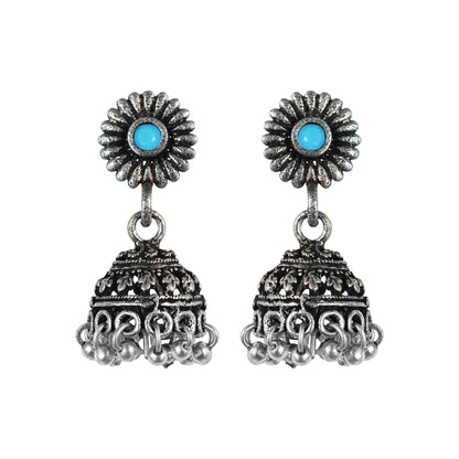 Sky Blue Stone Studded Tiny Earrings With Hanging Jhumki