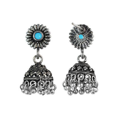 Sky Blue Stone Studded Tiny Earrings With Hanging Jhumki