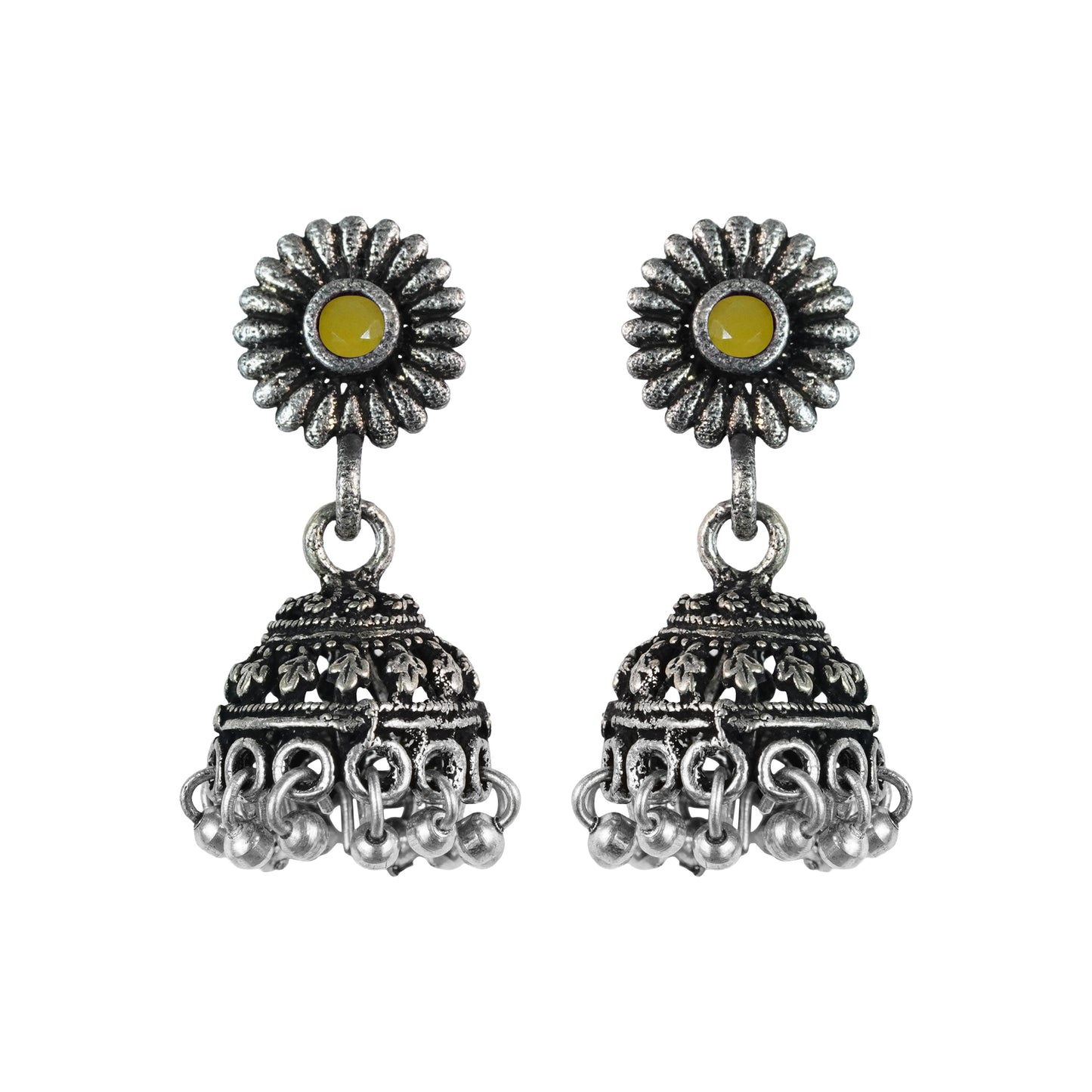 Yellow Stone Studded Tiny Earrings With Hanging Jhumki