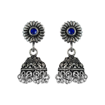 Blue Stone Studded Tiny Earrings With Hanging Jhumki