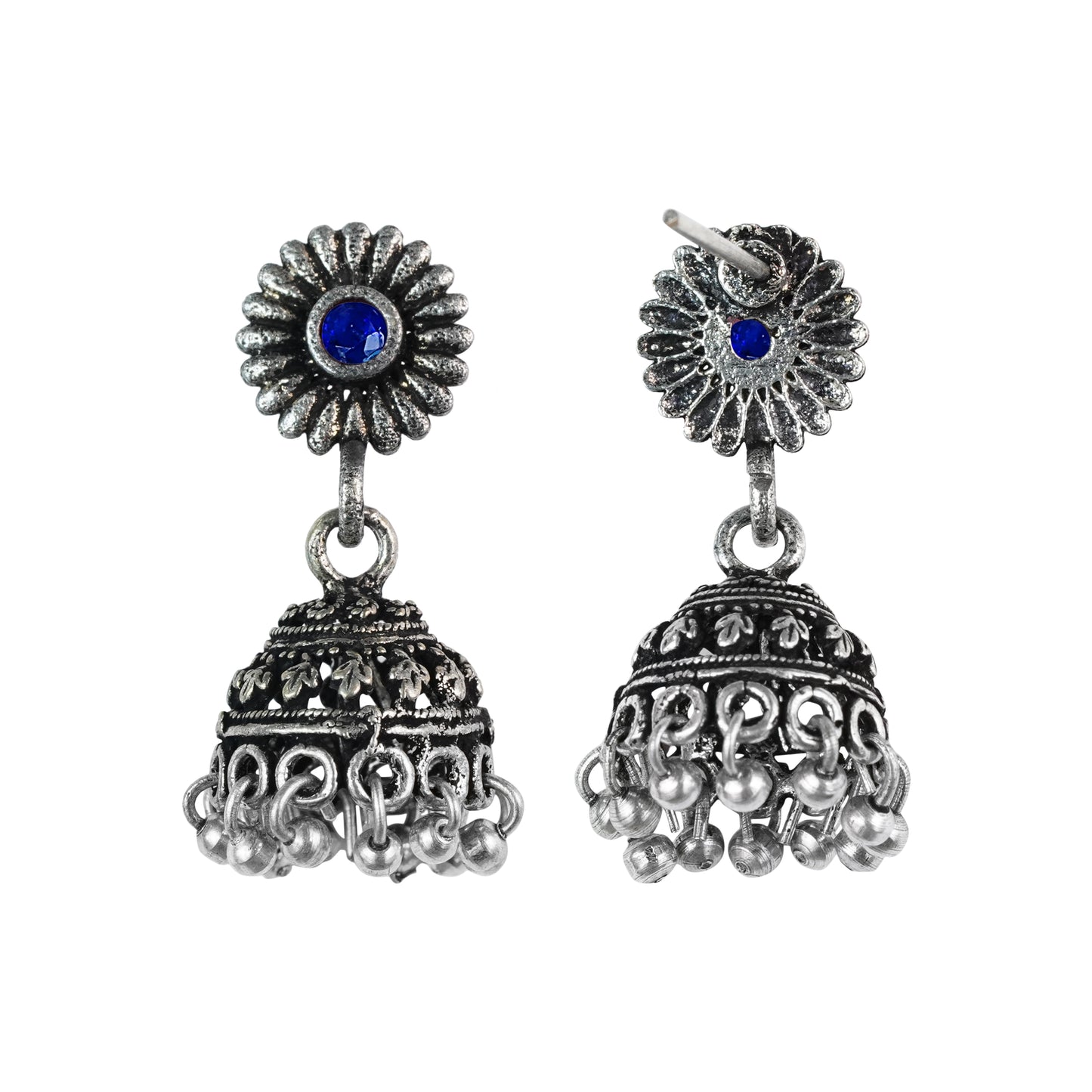 Blue Stone Studded Tiny Earrings With Hanging Jhumki