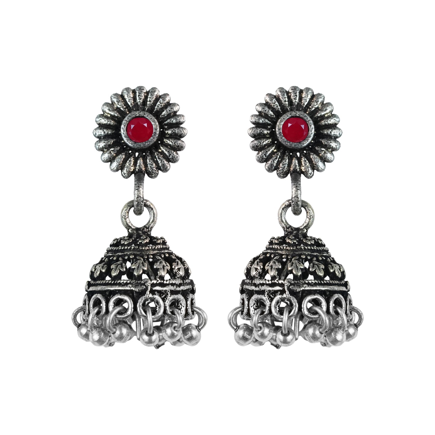 Dark red Stone Studded Tiny Earrings With Hanging Jhumki