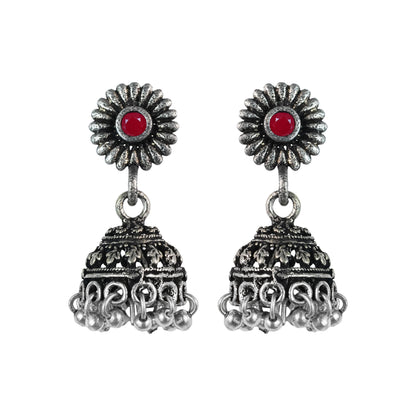 Dark red Stone Studded Tiny Earrings With Hanging Jhumki