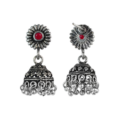 Dark red Stone Studded Tiny Earrings With Hanging Jhumki