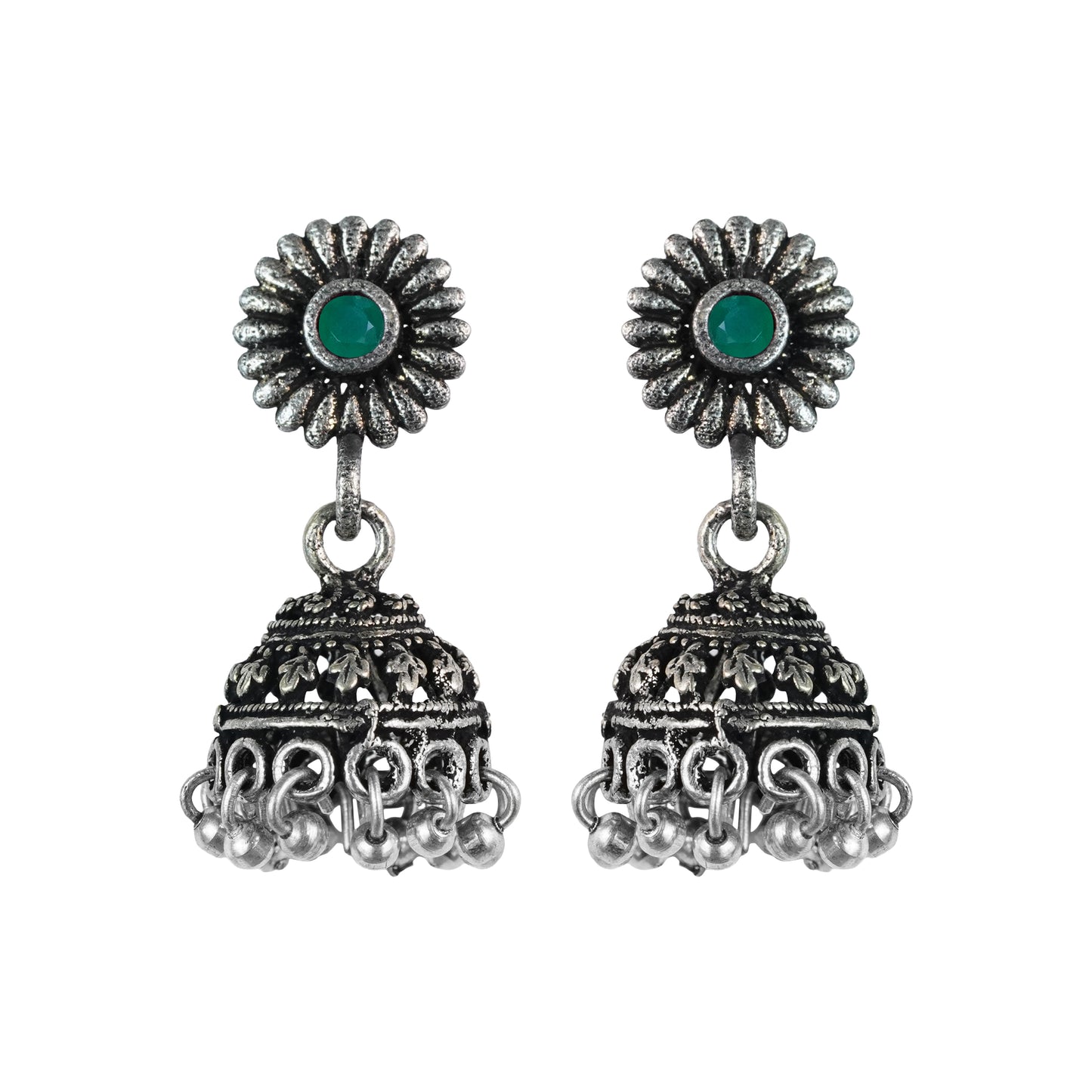 Green Stone Studded Tiny Earrings With Hanging Jhumki