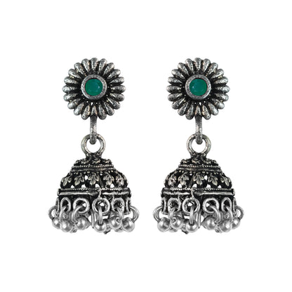 Green Stone Studded Tiny Earrings With Hanging Jhumki