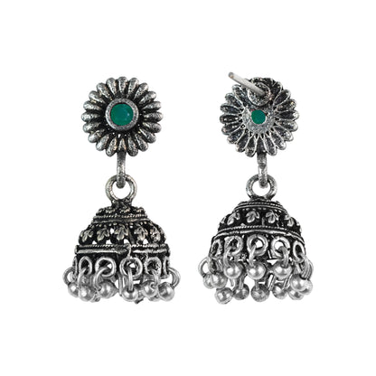 Green Stone Studded Tiny Earrings With Hanging Jhumki