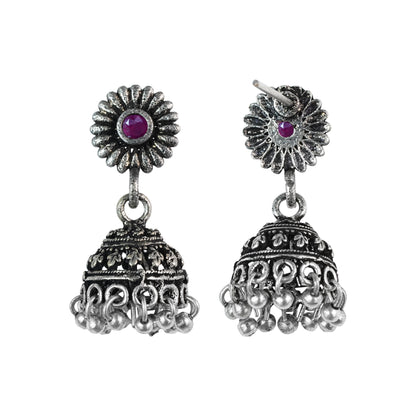 Dark Maroon Stone Studded Tiny Earrings With Hanging Jhumki