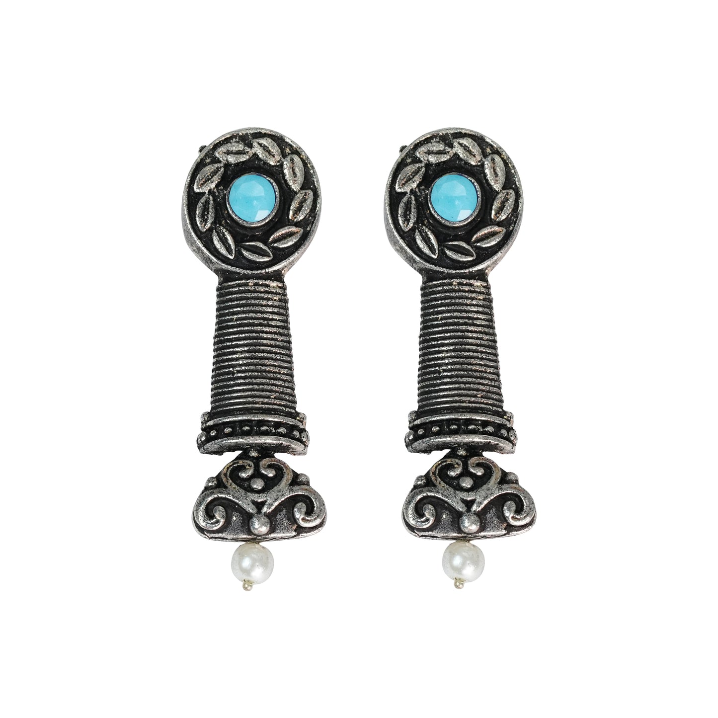 Sky Blue Stone Studded Delicate Oxidised Earrings With Hanging Pearl