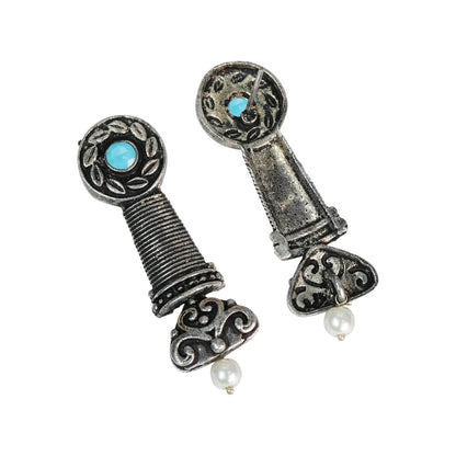 Sky Blue Stone Studded Delicate Oxidised Earrings With Hanging Pearl