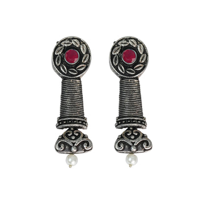 Red Stone Studded Delicate Oxidised Earrings With Hanging Pearl