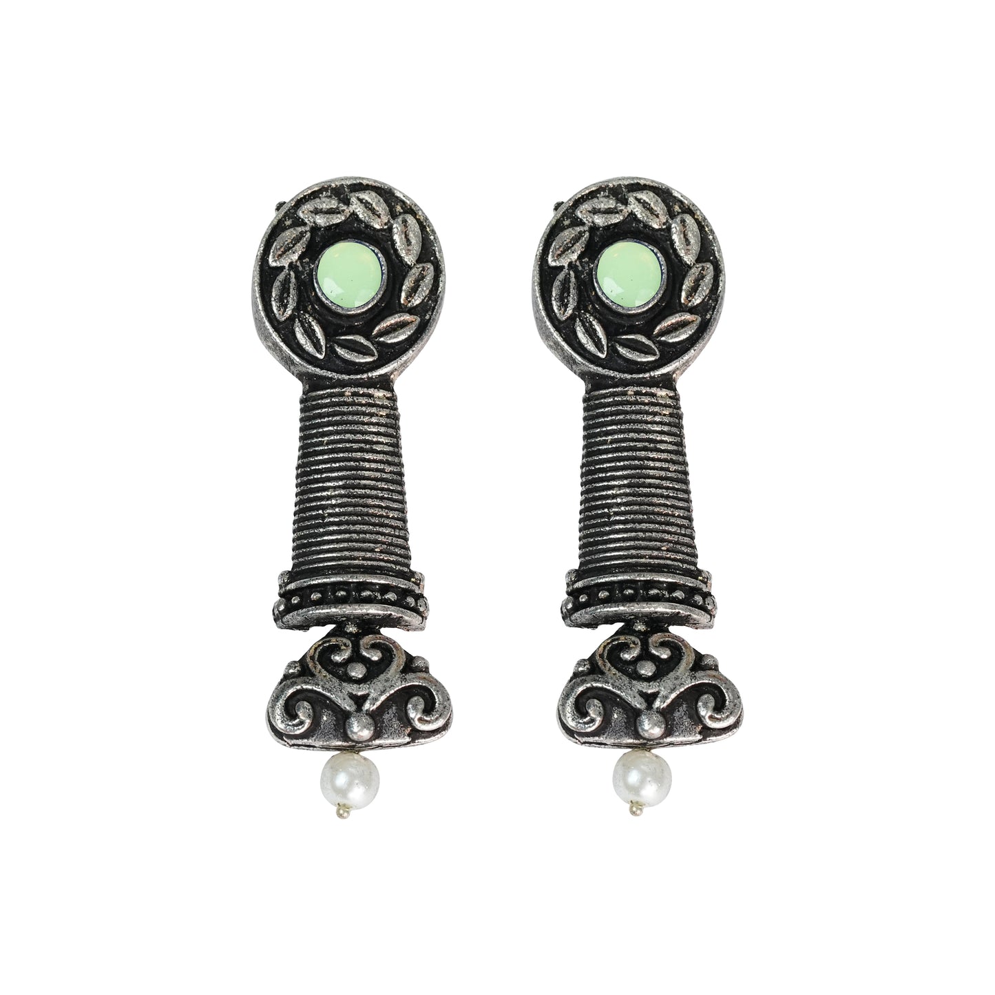 Pista Stone Studded Delicate Oxidised Earrings With Hanging Pearl