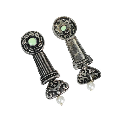 Pista Stone Studded Delicate Oxidised Earrings With Hanging Pearl