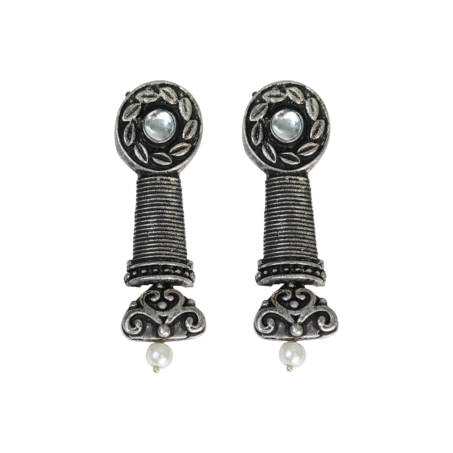 White Stone Studded Delicate Oxidised Earrings With Hanging Pearl