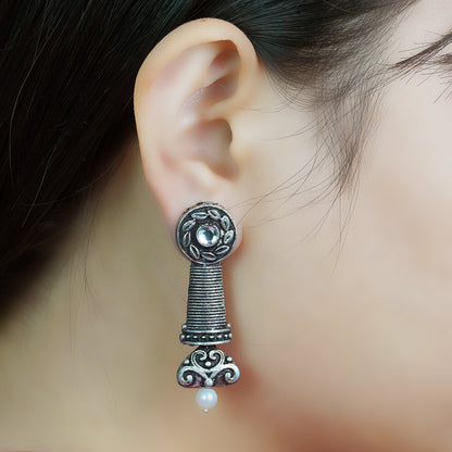 White Stone Studded Delicate Oxidised Earrings With Hanging Pearl