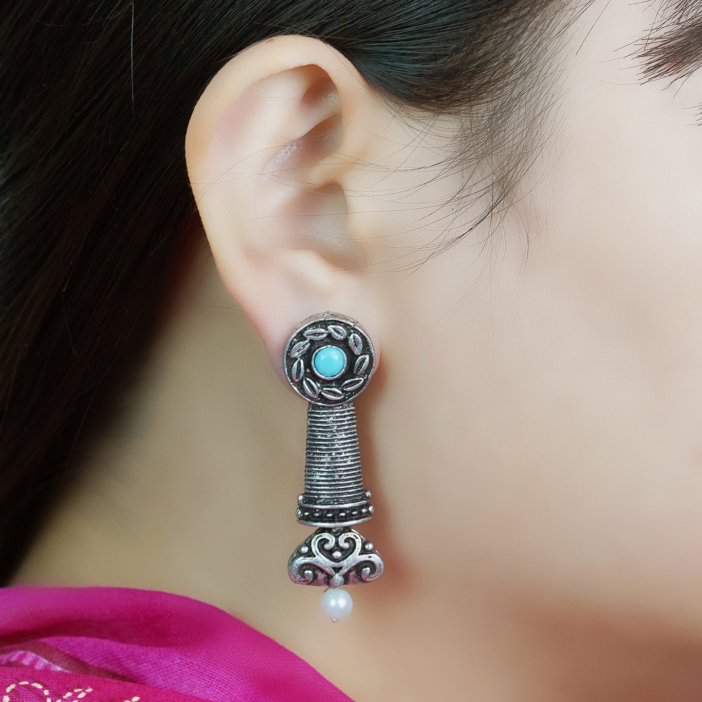 Sky Blue Stone Studded Delicate Oxidised Earrings With Hanging Pearl