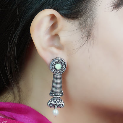 Pista Stone Studded Delicate Oxidised Earrings With Hanging Pearl