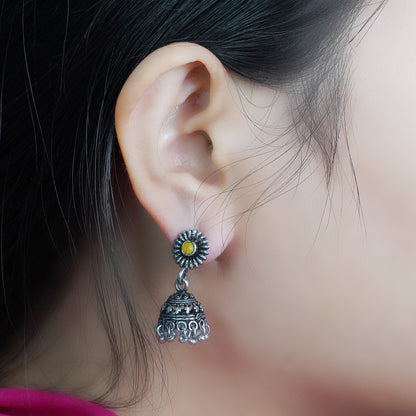 Yellow Stone Studded Tiny Earrings With Hanging Jhumki