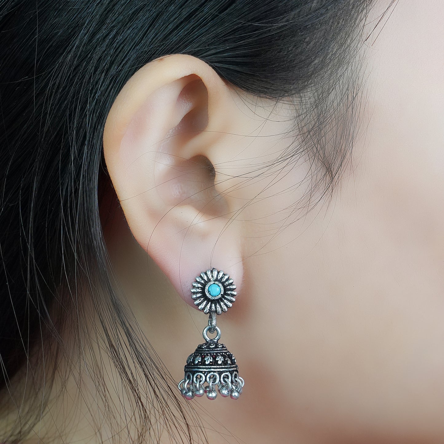 Sky Blue Stone Studded Tiny Earrings With Hanging Jhumki