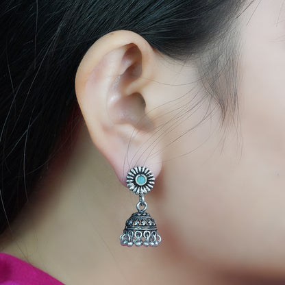 Mint Stone Studded Tiny Earrings With Hanging Jhumki