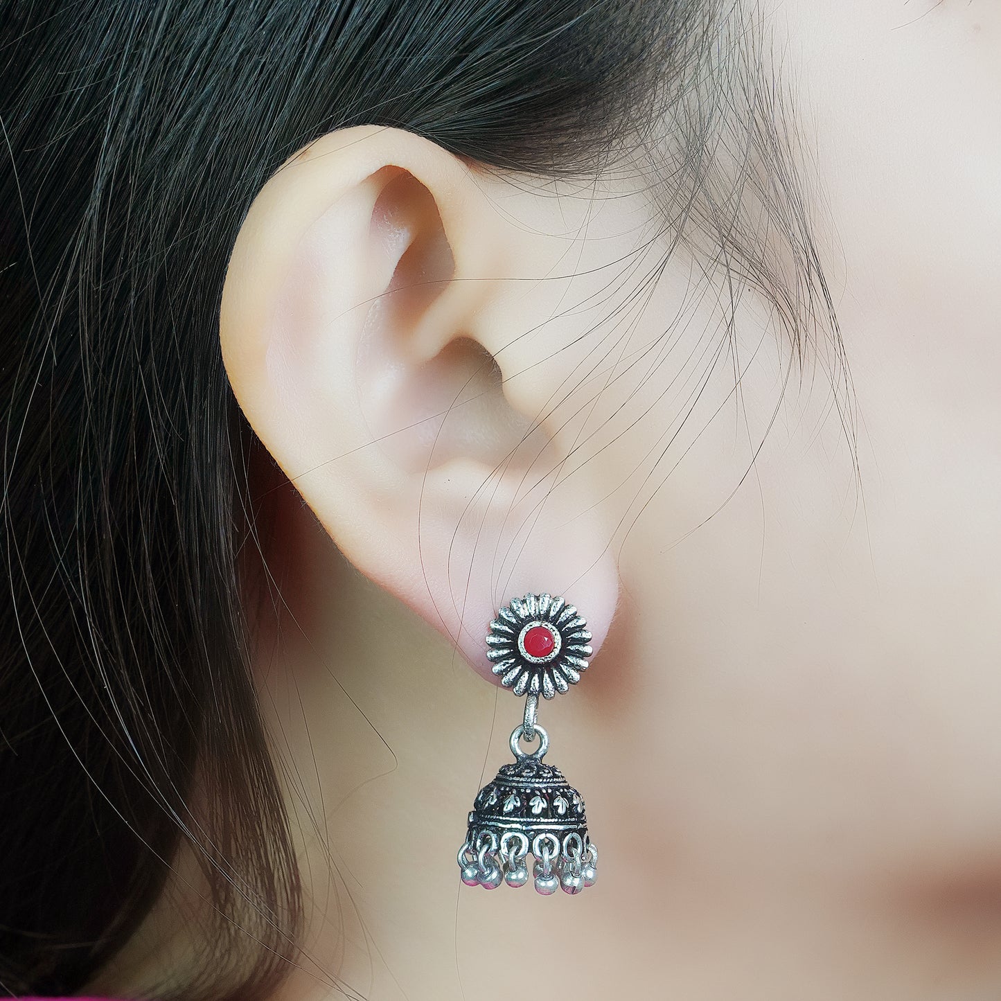 Dark red Stone Studded Tiny Earrings With Hanging Jhumki