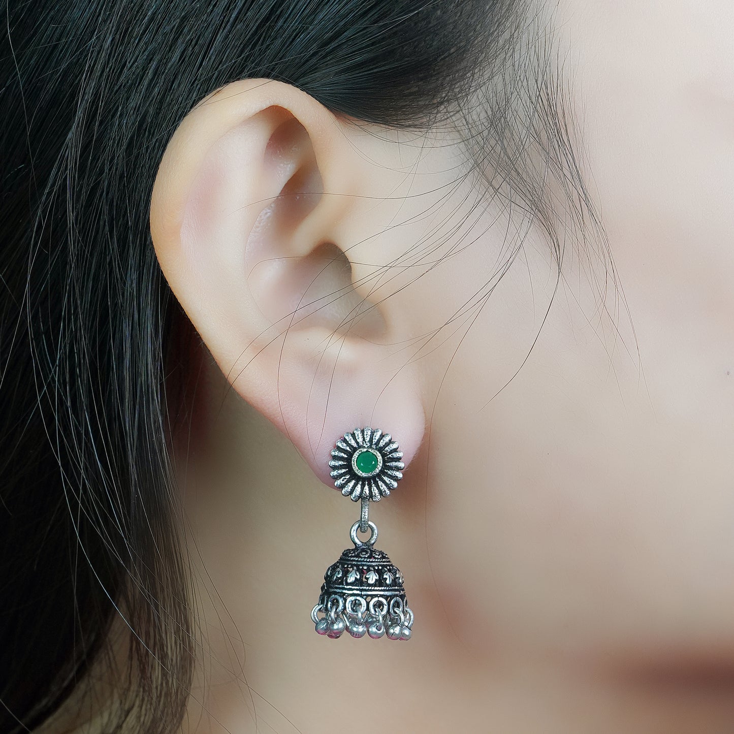 Green Stone Studded Tiny Earrings With Hanging Jhumki