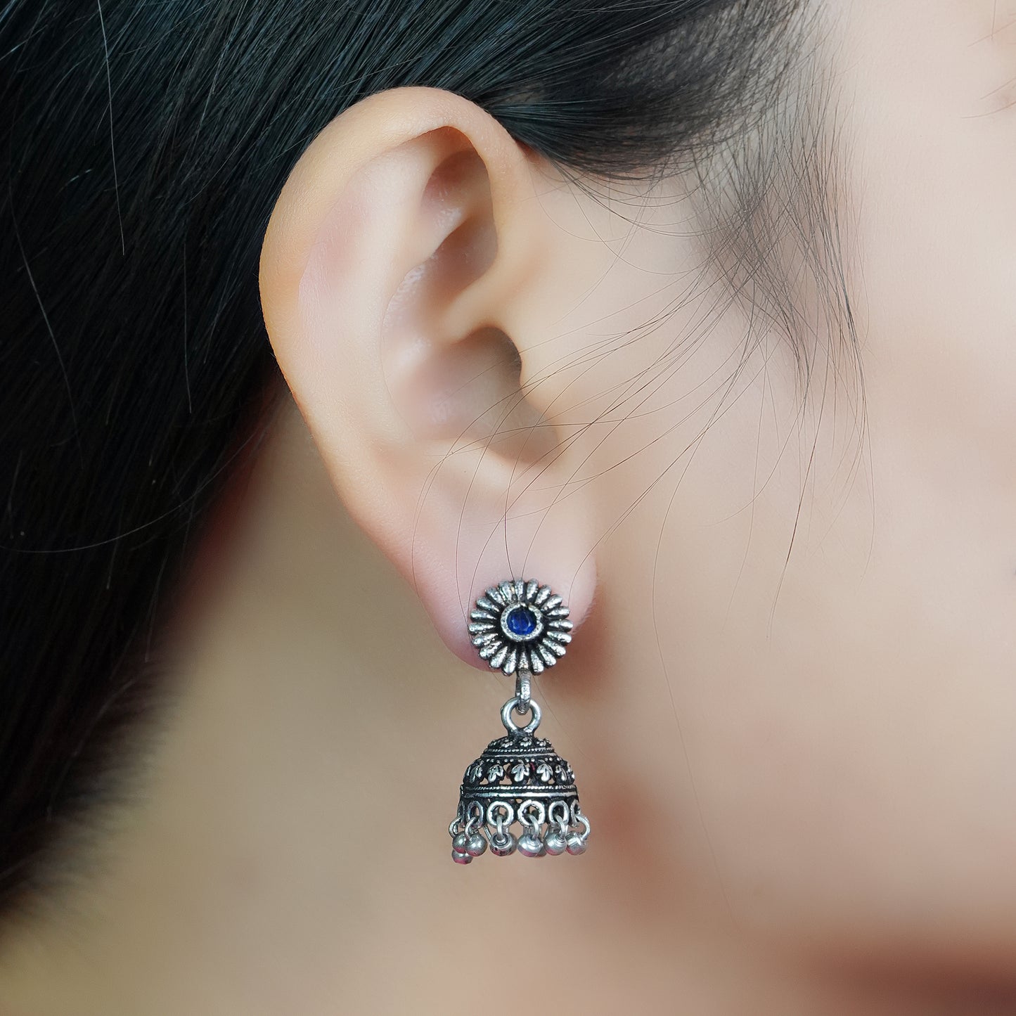 Blue Stone Studded Tiny Earrings With Hanging Jhumki