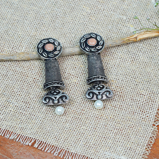 Light Orangish Stone Studded Delicate Oxidised Earrings With Hanging Pearl