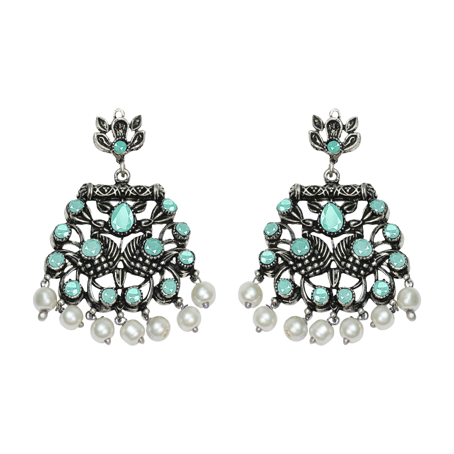 Mint Stone Studded Oxidised Earrings With Hanging Pearls