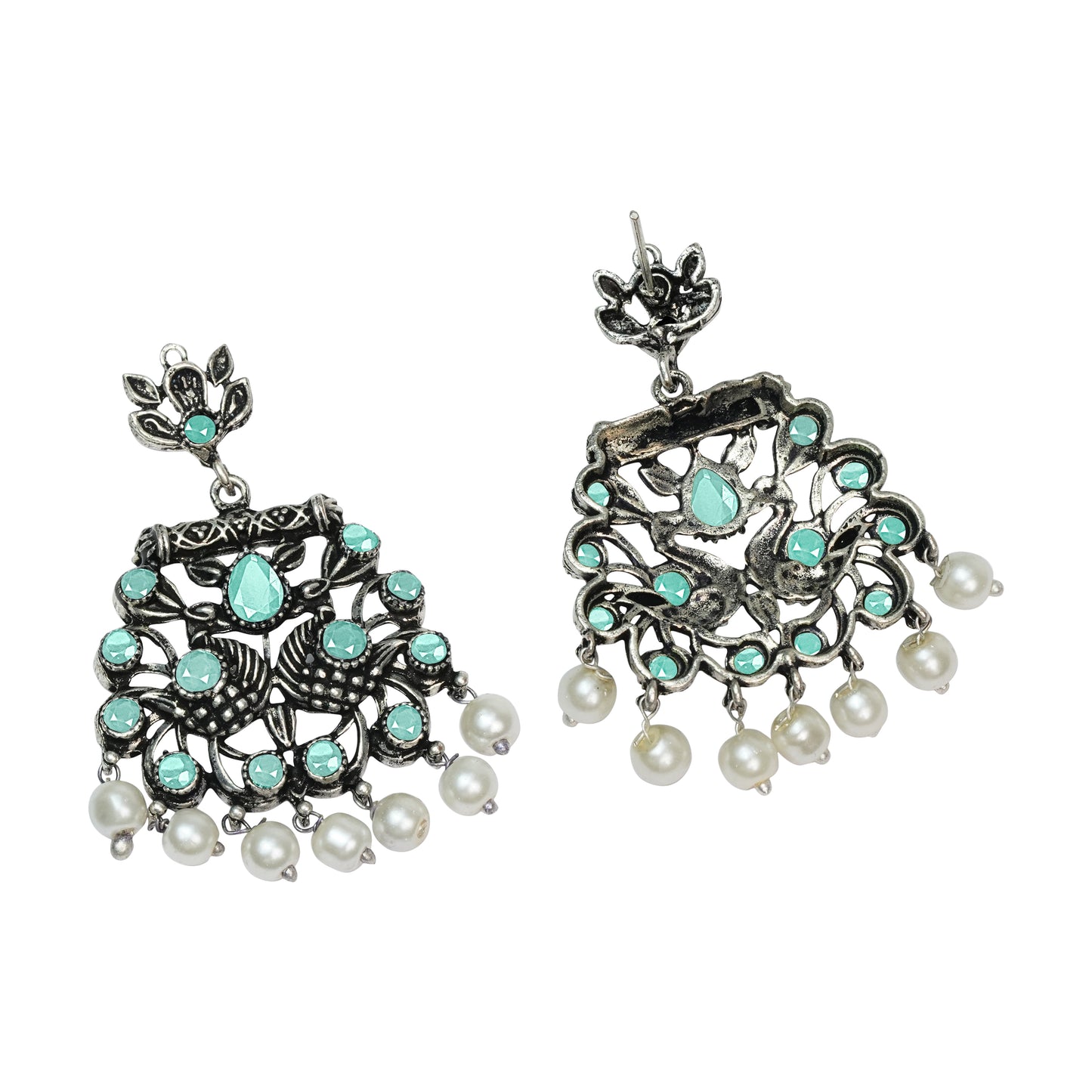 Mint Stone Studded Oxidised Earrings With Hanging Pearls