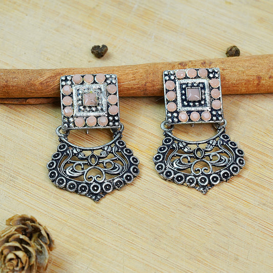 Light Orangish Stone Studded Oxidised Earrings