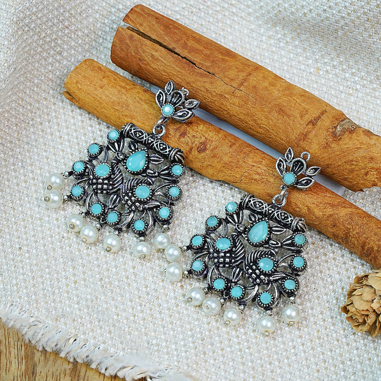 Mint Stone Studded Oxidised Earrings With Hanging Pearls