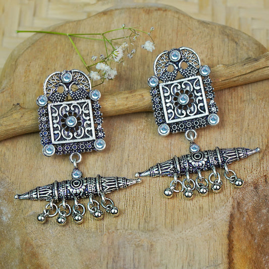 White Stone Studded Oxidised Statement Earrings With Hanging Ghunghuroo