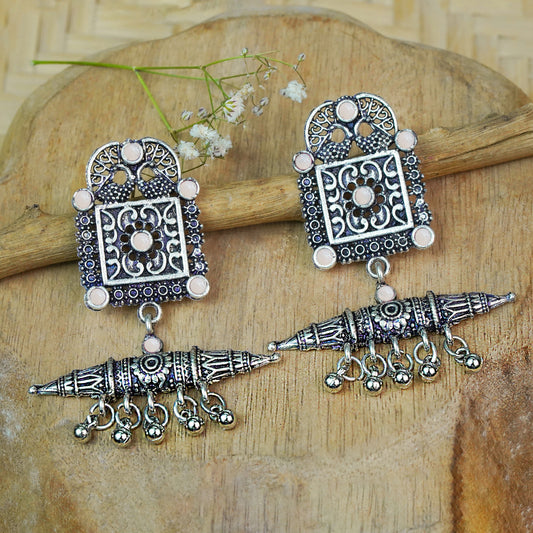 Light Orangish Stone Studded Oxidised Statement Earrings With Hanging Ghunghuroo