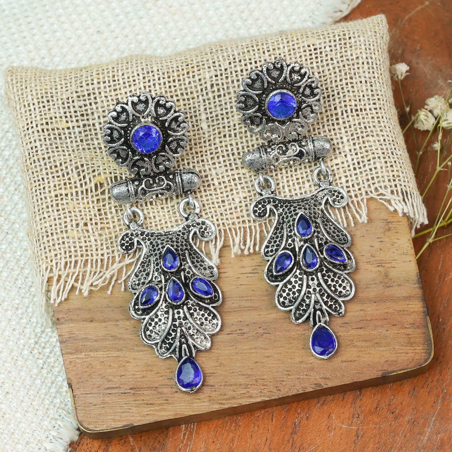 Blue Stone Studded Rajwada Style Oxidised Earrings