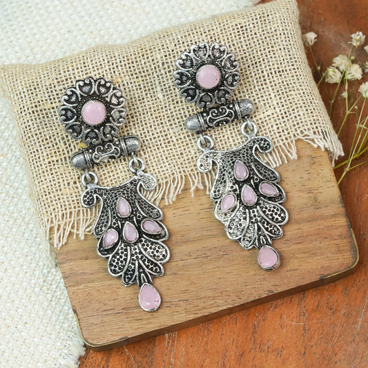 Baby Pink Stone Studded Rajwada Style Oxidised Earrings