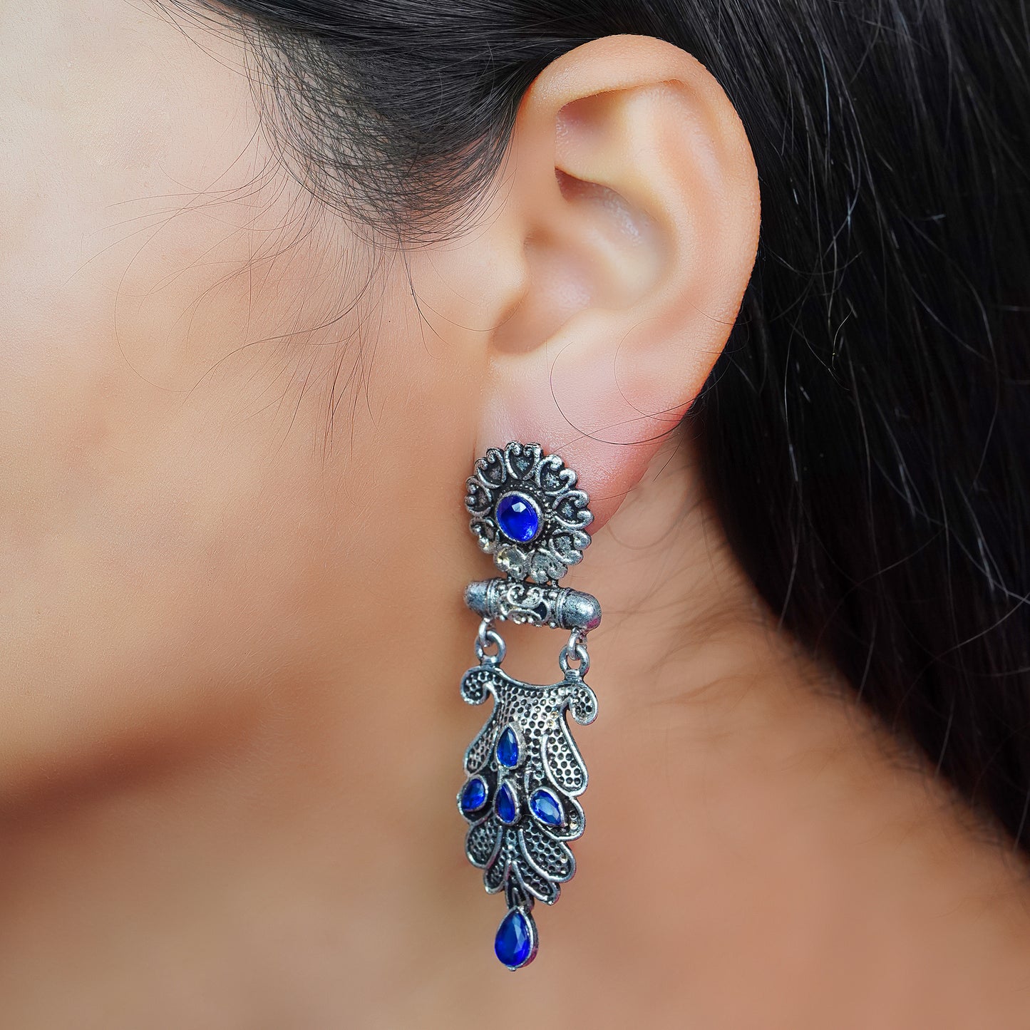 Blue Stone Studded Rajwada Style Oxidised Earrings