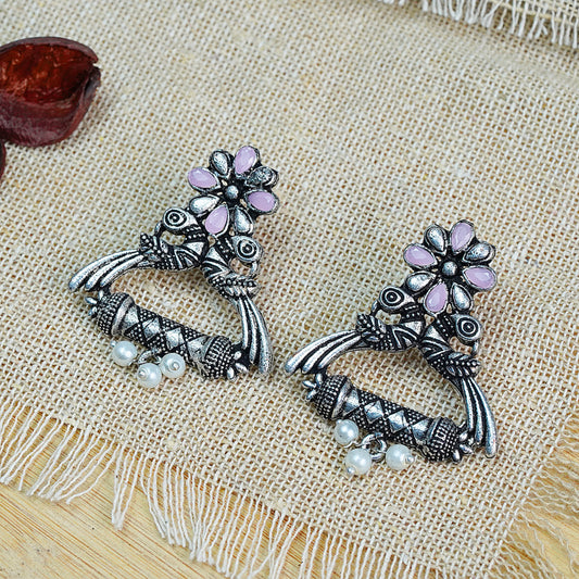 Baby Pink Stone Studded Elegant Earrings With Hanging Baby Pearls