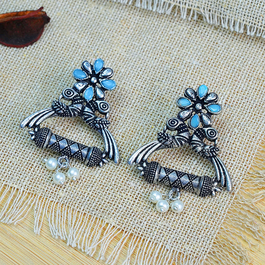 Mint Stone Studded Elegant Earrings With Hanging Baby Pearls