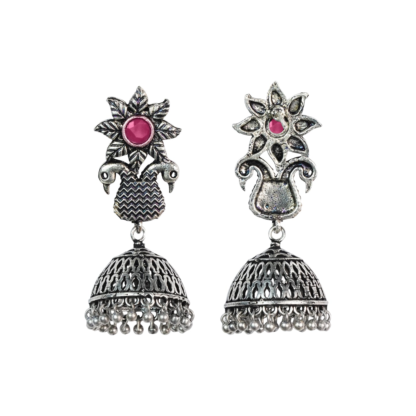 Red Stone Studded Intricate Danglers With Hanging Jhumki