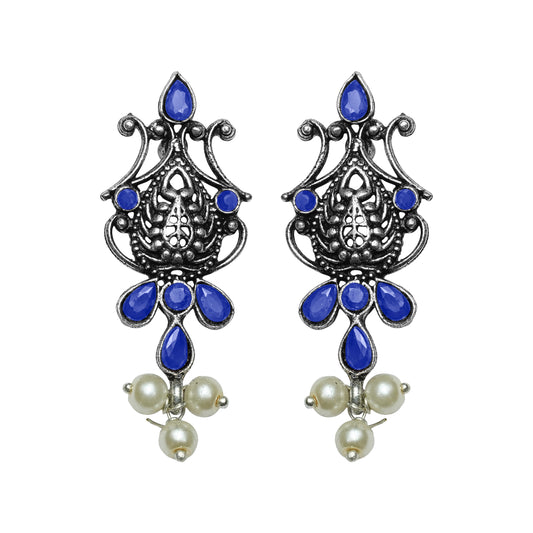 Blue Stone Studded Tiny Earrings With Hanging Pearls