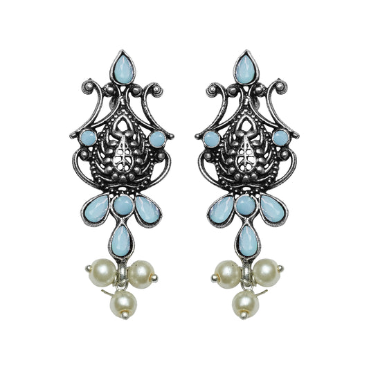 Mint Stone Studded Tiny Earrings With Hanging Pearls