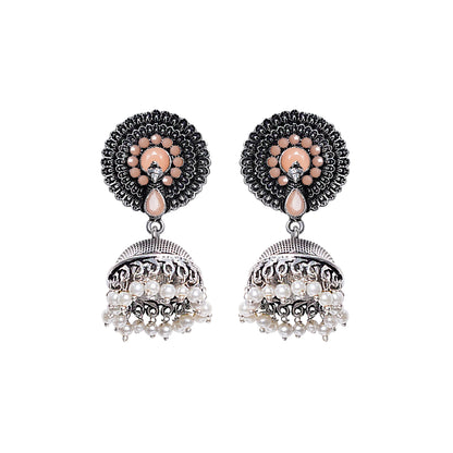 Light Orangish Stone Embellished German Silver Earrings With Hanging Pearls