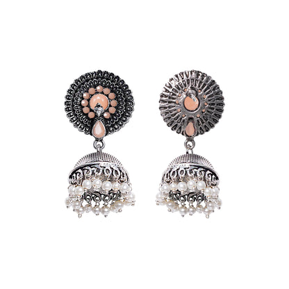 Light Orangish Stone Embellished German Silver Earrings With Hanging Pearls