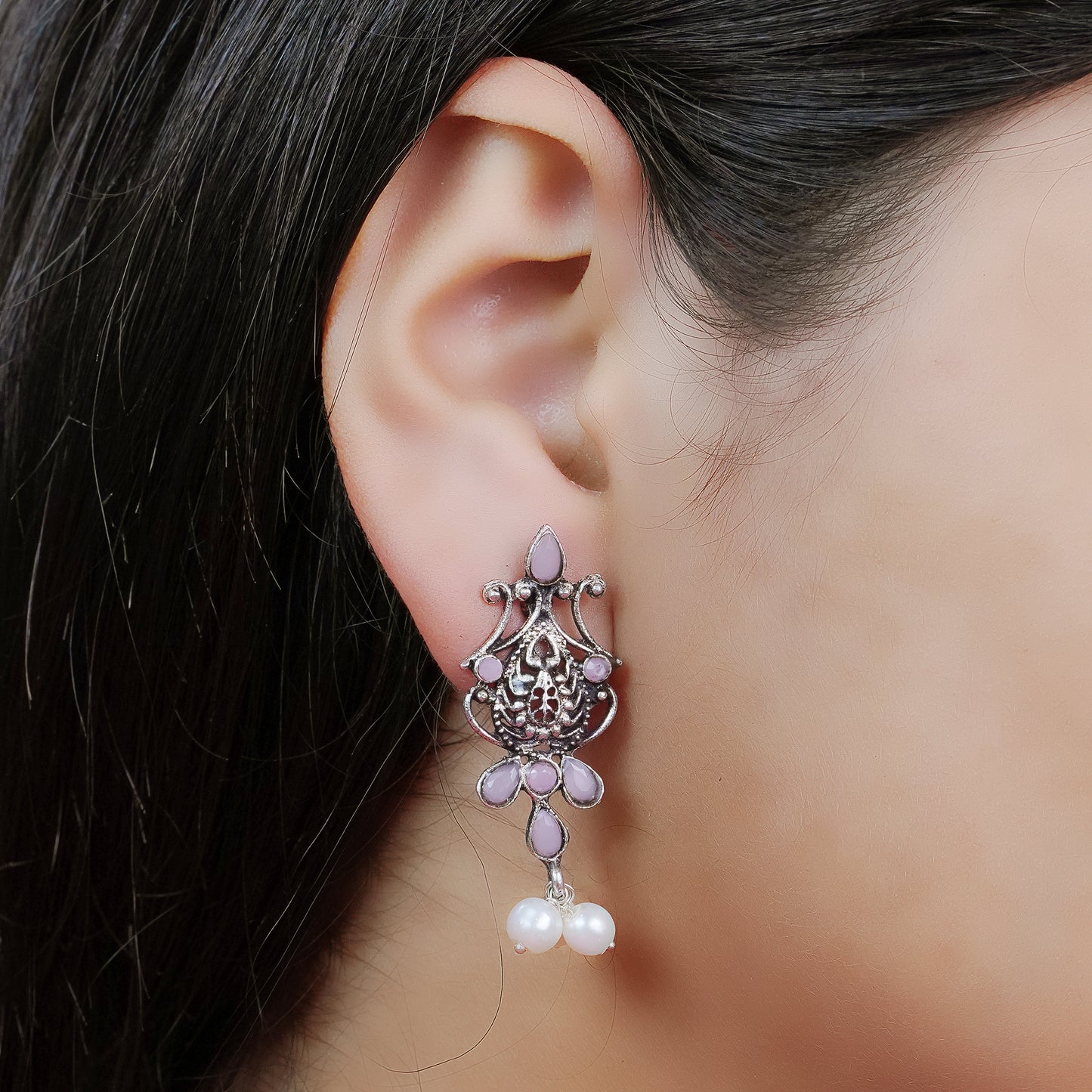 Baby Pink Stone Studded Tiny Earrings With Hanging Pearls