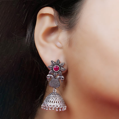 Red Stone Studded Intricate Danglers With Hanging Jhumki