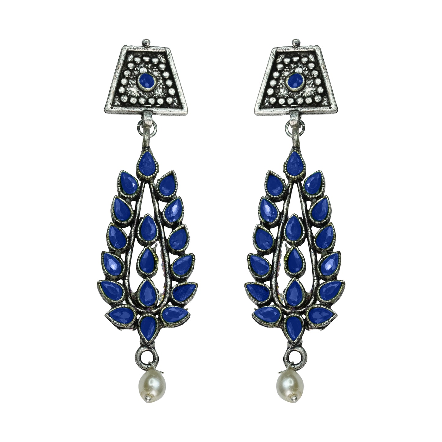 Blue Stone Studded Statement Earrings With Hanging Pearls