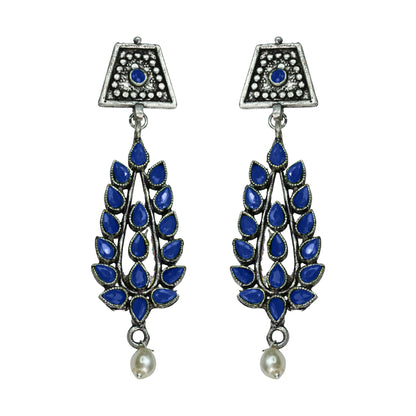 Blue Stone Studded Statement Earrings With Hanging Pearls